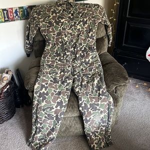 Unisex coat like material inside, hunting jumpsuit, or great “Jason” costume lol